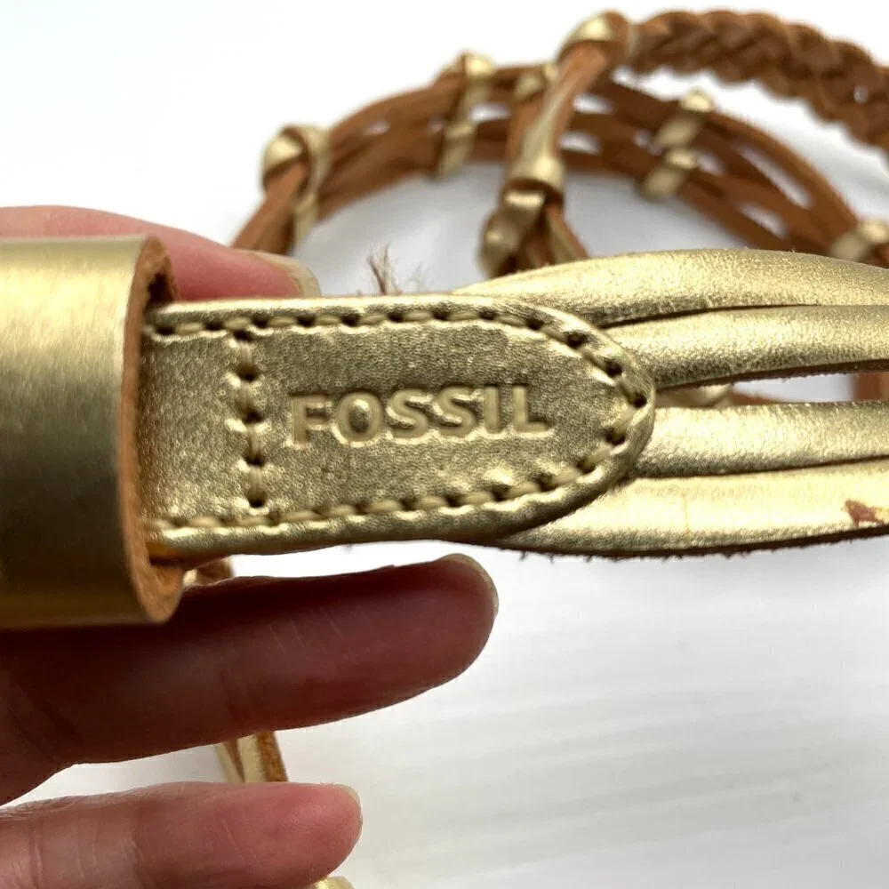 Fossil Braided Woven Gold Metallic Leather Waist Belt Women's Large